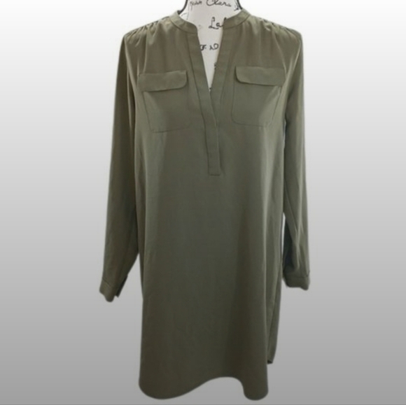 LOFT Dresses & Skirts - ❣️Ann Taylor❣️ Loft Shirt Dress 🫒Green•V Neck•Quarter Button Long Sleeve●Size S